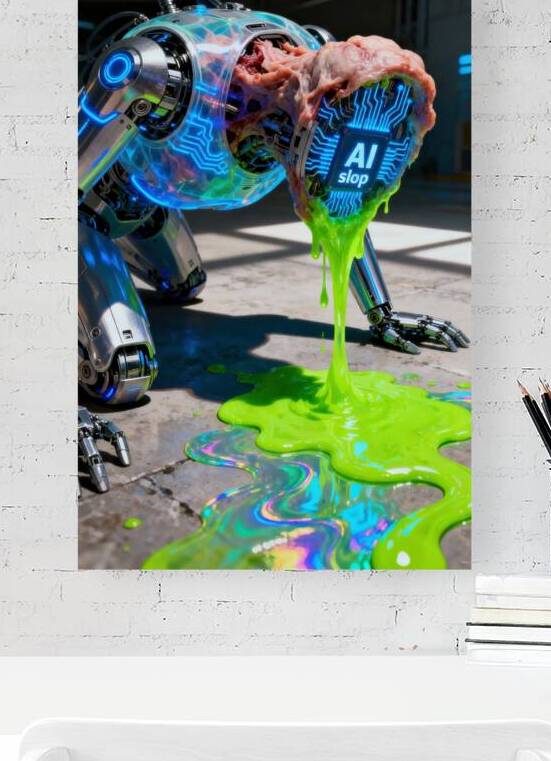 Robot Figure Vomits Neon AI Slop by Matthias Hauser