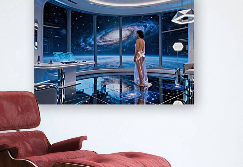 Woman in Futuristic Room with Galactic View by Matthias Hauser