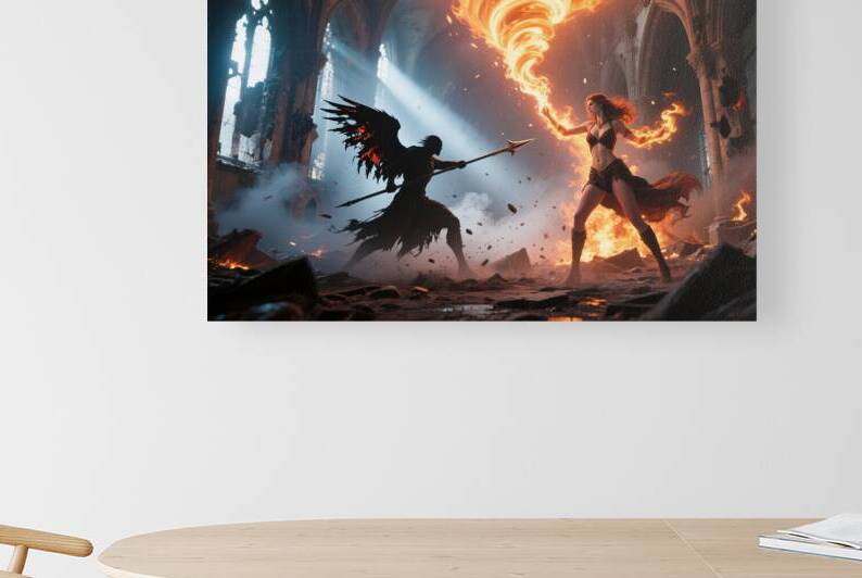 Fire Sorceress Duel With Winged Warrior by Matthias Hauser