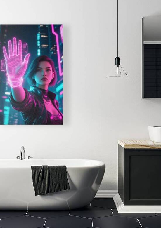 Neon Cyberpunk Woman With Holographic Hand Interface by Matthias Hauser
