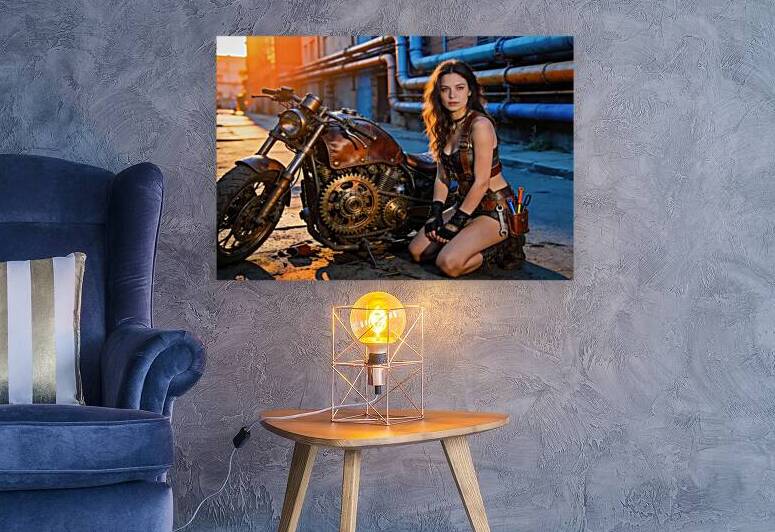 Steampunk Mechanic Woman With Custom Motorcycle by Matthias Hauser