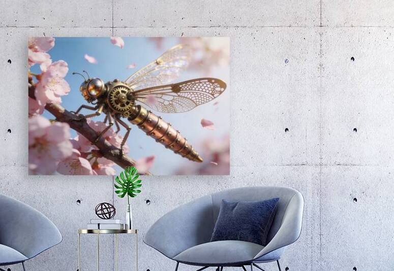 Steampunk Robotic Dragonfly On Cherry Blossom Branch by Matthias Hauser