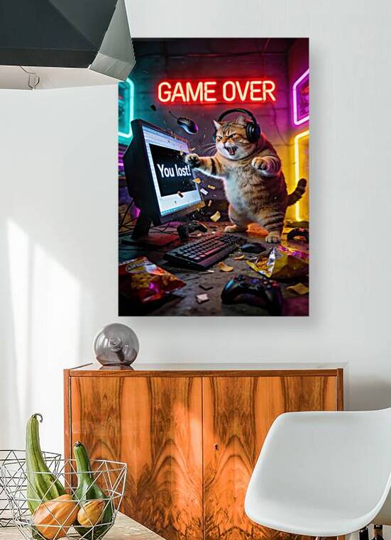 Game Over Angry Gamer Cat In Neon Arcade Room by Matthias Hauser