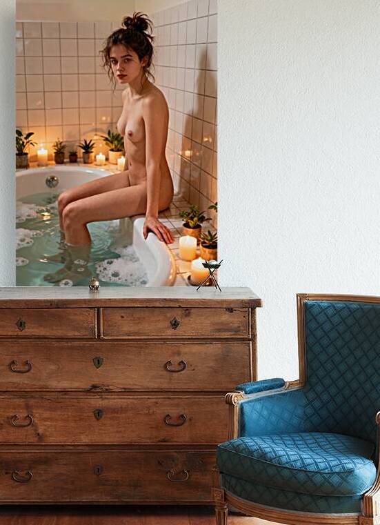 Woman Relaxing in Candlelit Bath by Matthias Hauser