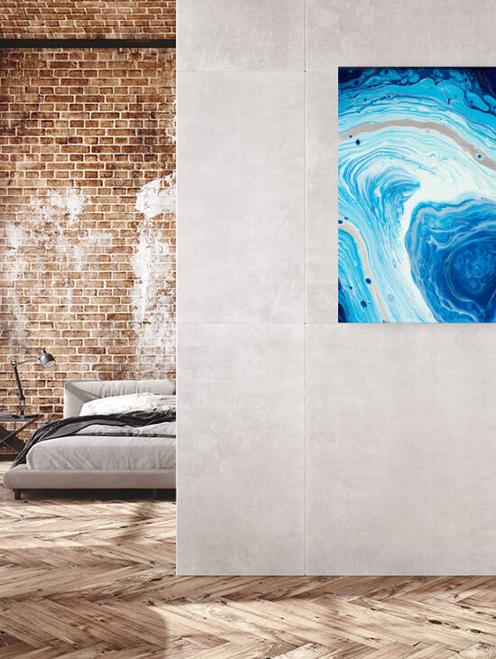 Abstract Acrylic Fluid Painting Blue White Silver by Matthias Hauser