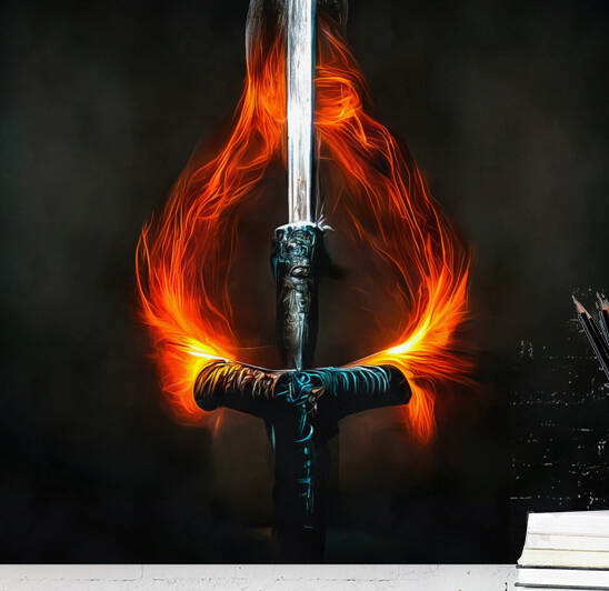 Burning Sword 03 Orange Flames Black Background by Matthias Hauser