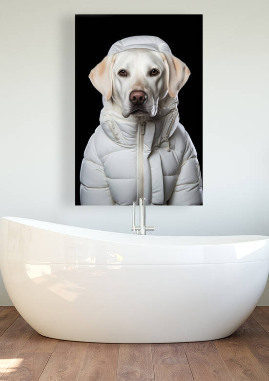 Labrador Dog dressed in white down jacket 01 by Matthias Hauser