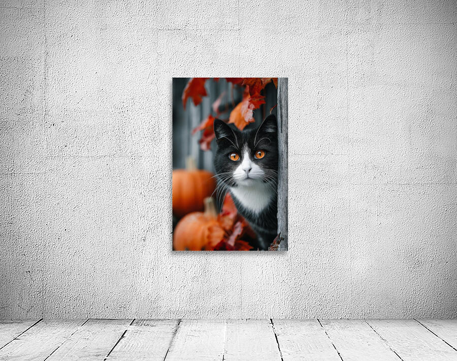 Tuxedo Cat with Autumn Pumpkins Wall Preview