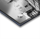 Black and white shot of historic harbour buildings and boat ramp on Cape Cod in New England  Acrylic print