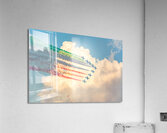 Fighter jets performing airshow with colorful exhaust streams in scenic clouds Impression acrylique