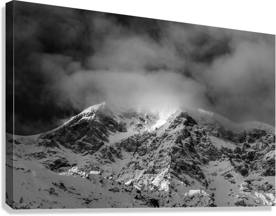Black and white shot of the majestic Ortler Mountain in Sulden in winter  Canvas Print