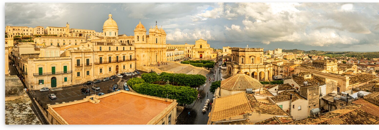 Widescreen panorama of beautiful baroque houses in Noto on Sicily  by caladoart