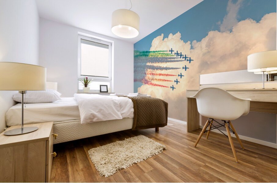 Fighter jets performing airshow with colorful exhaust streams in scenic clouds Impression murale