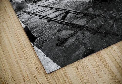 Black and white shot of historic harbour buildings and boat ramp on Cape Cod in New England  caladoart puzzle
