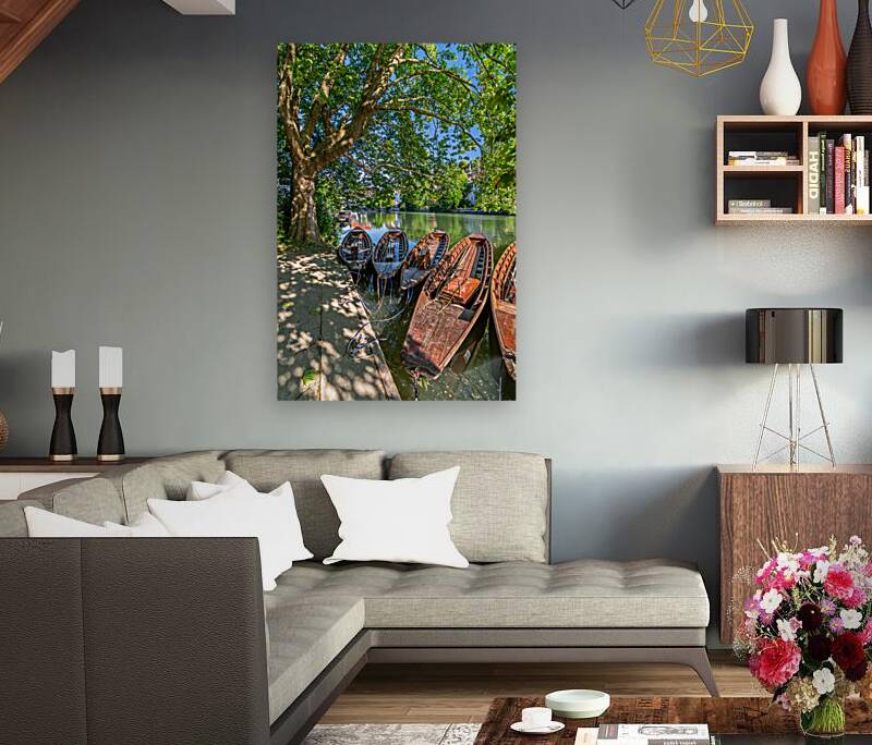 Traditional punt boats Stocherkahn at the pier at the Neckar River in Tübingen Germany Reproduction