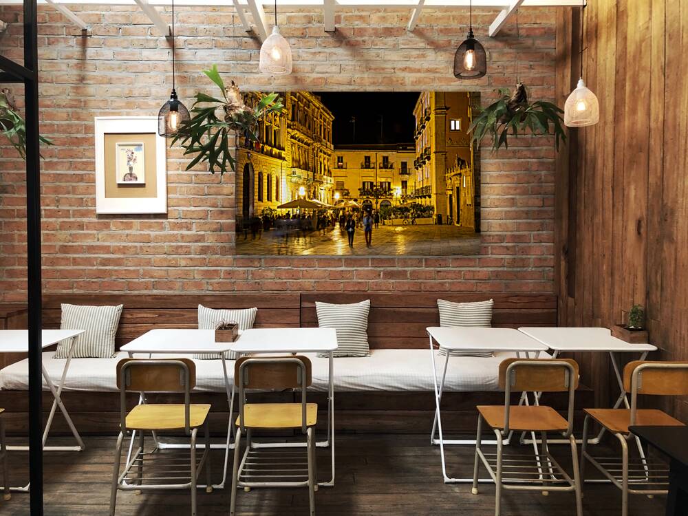 Night shot of square and baroque buildings in beautiful ancient Italian city Syracuse on the island of Sicily Reproduction