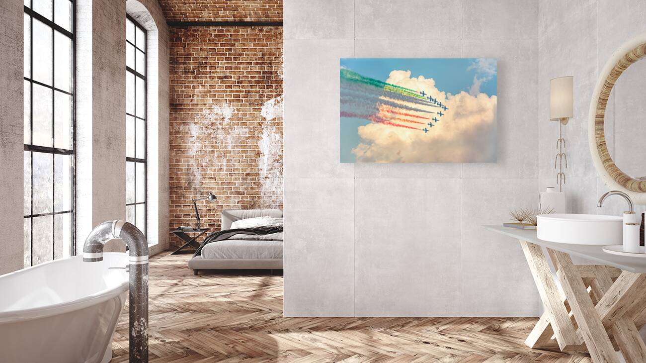 Fighter jets performing airshow with colorful exhaust streams in scenic clouds Reproduction