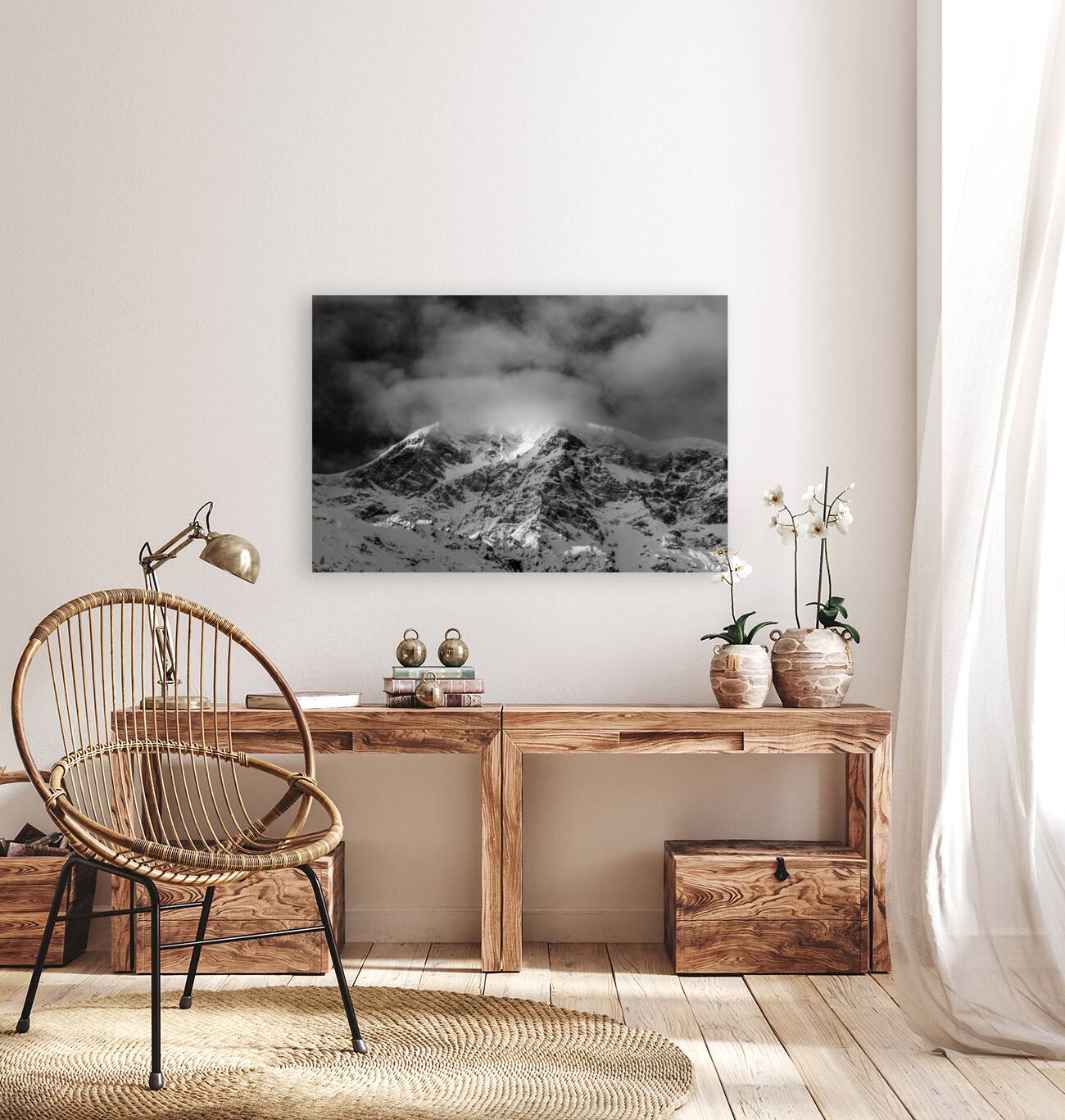 Black and white shot of the majestic Ortler Mountain in Sulden in winter  Reproduction