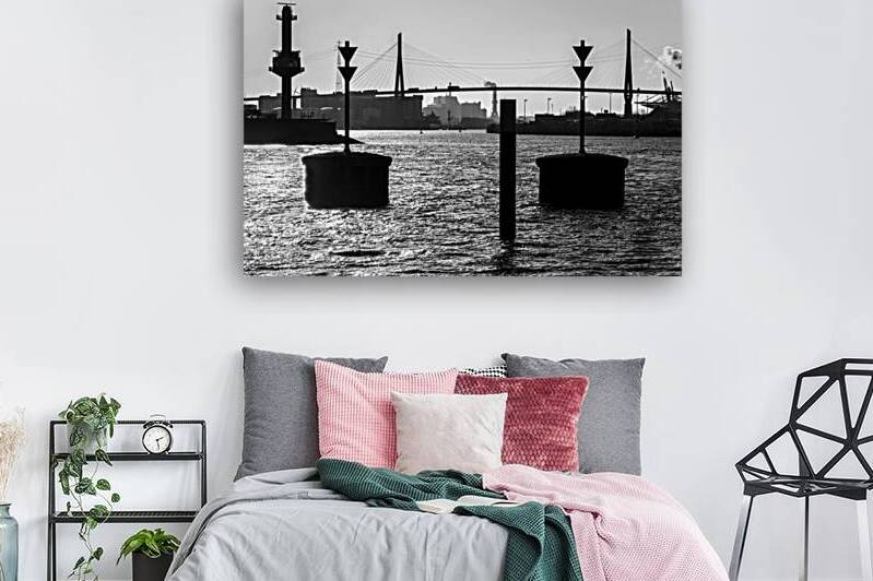 Black and white shot of harbor panorama and Köhlbrandbrücke at the Elbe River in Hamburg Germany  by caladoart