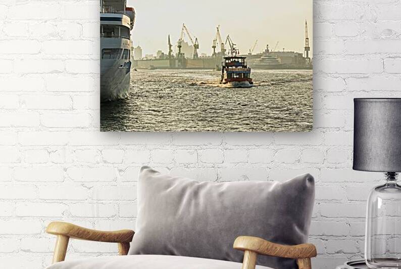 Harbor ferry cruising alongside a large cruise ship on the Elbe River in Hamburg  by caladoart