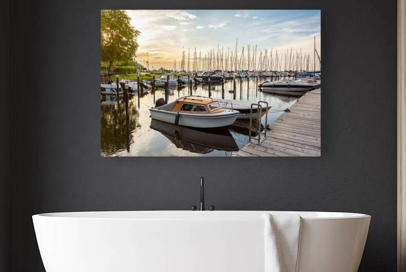 Boats in a marina Langballigau during beautiful sunset at the Baltic Sea in Northern Germany by caladoart