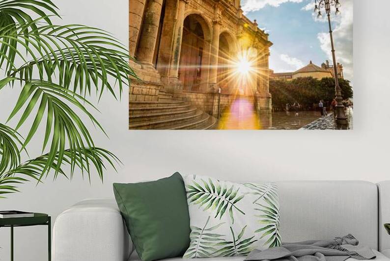 Sun shining through beautiful baroque building in Noto Sicily Italy by caladoart