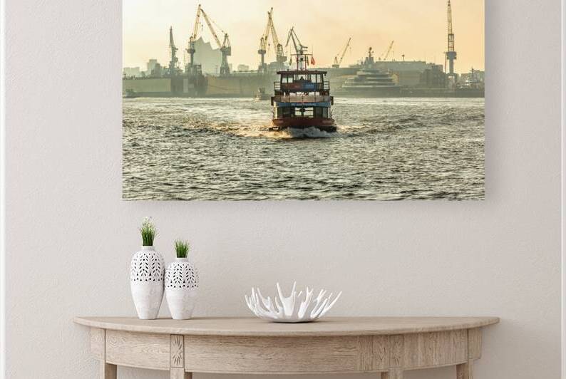 Harbor ferry on the Elbe River in front of docks and container terminals in Hamburg Germany by caladoart
