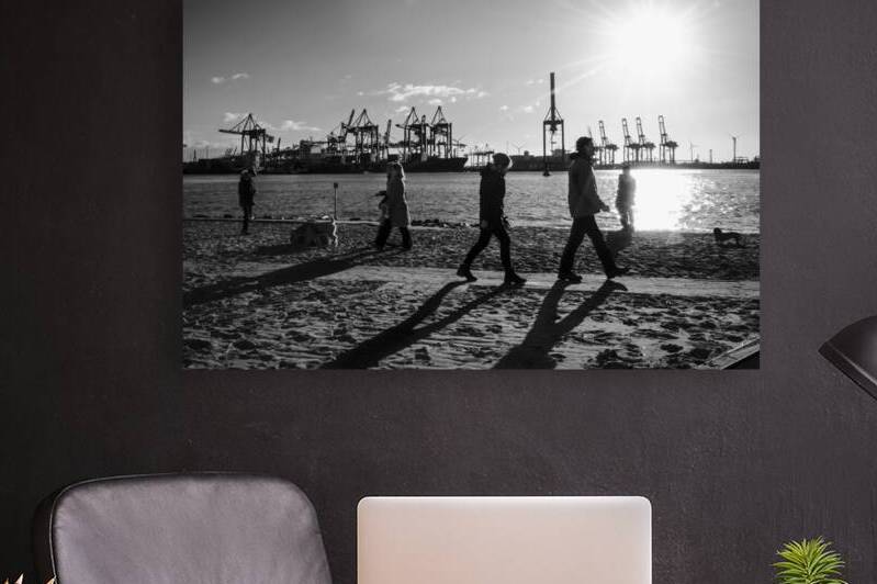Black and white shot of the Övelgönne city beach at the Elbe River in Hamburg Germany  by caladoart