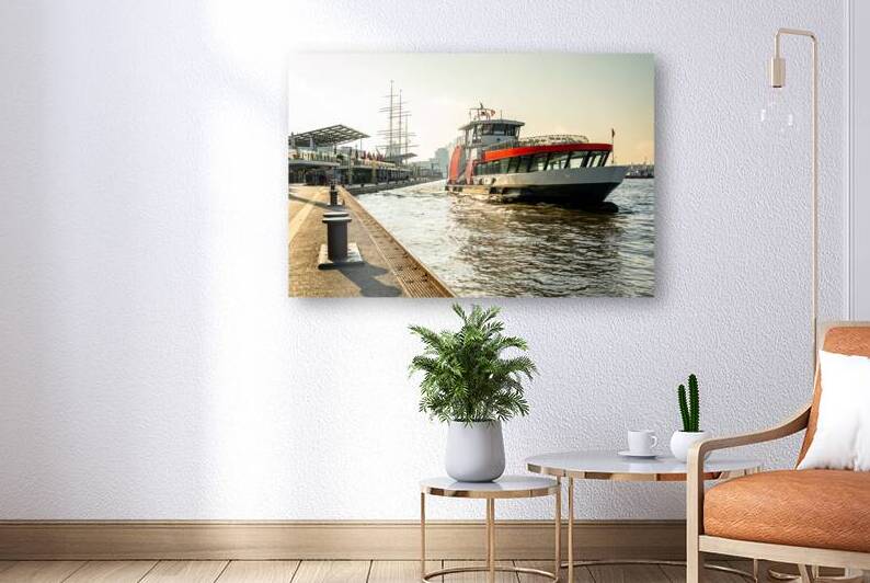 Harbor ferry leaving the St. Pauli Landungsbrücken pier at the Elbe River in Hamburg Germany by caladoart