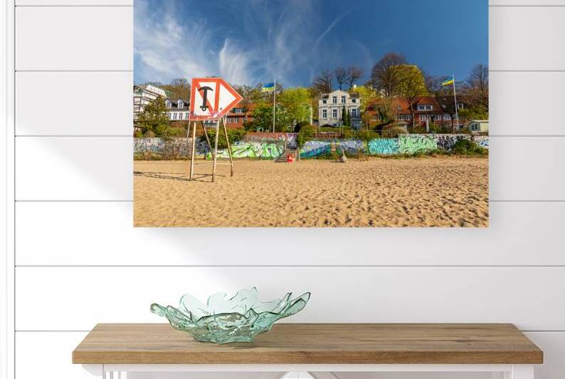 Typical houses at the waterfront and city beach at the Elbe River in Hamburg Germany  by caladoart