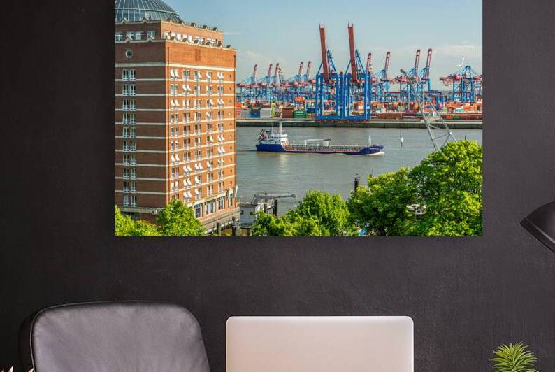 View of the Burchardkai container terminal and ship from Hamburg Övelgönne Germany by caladoart