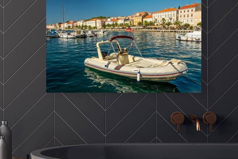 Luxurious motorboat in the marina of Mali on the island of Losinj in the Adriatic Sea Croatia by caladoart