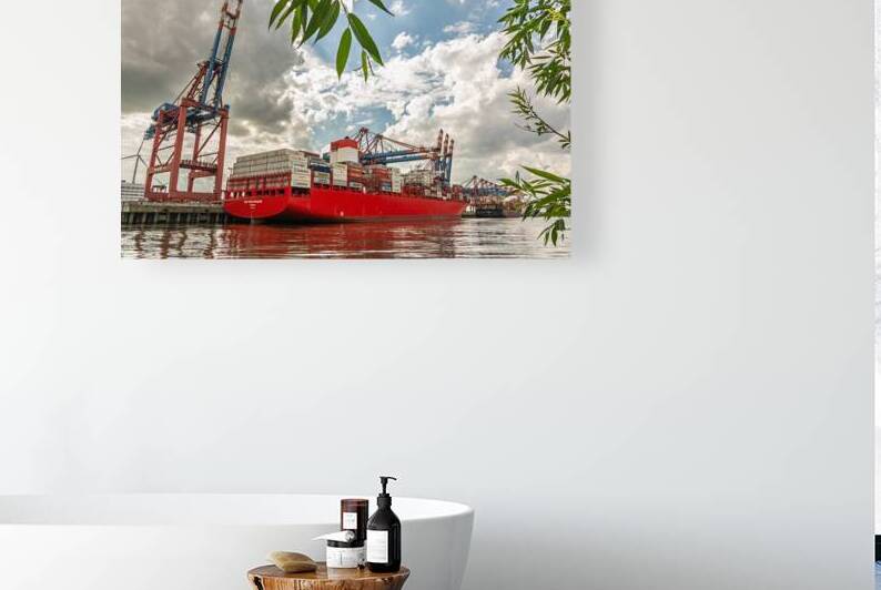 Huge container vessel unloading at the Eurogate container terminal in Hamburg Waltershof by caladoart
