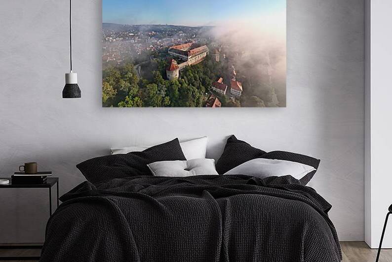 Aerial view of the historic castle of Hohentübingen in the city of Tübingen in the morning fog by caladoart