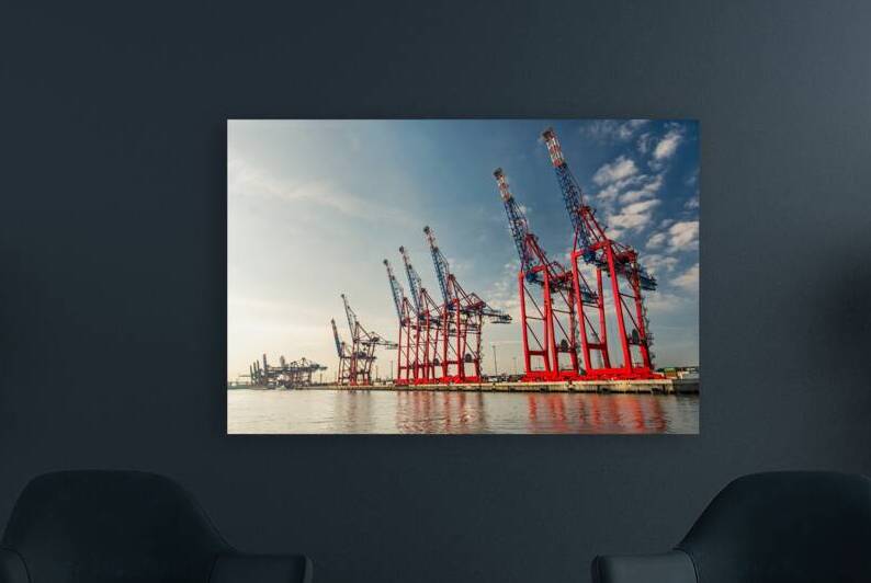 Cranes at a container terminal in the port area of Hamburg Germany by caladoart