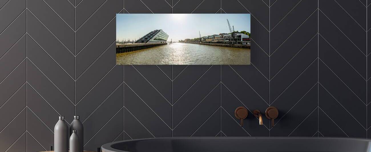 Panorama shot of the waterfront of the Elbe River and historic harbour area in Hamburg Germany  by caladoart