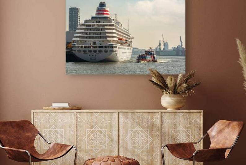Harbor ferry cruising closely alongside a large cruise ship on the Elbe River in Hamburg by caladoart