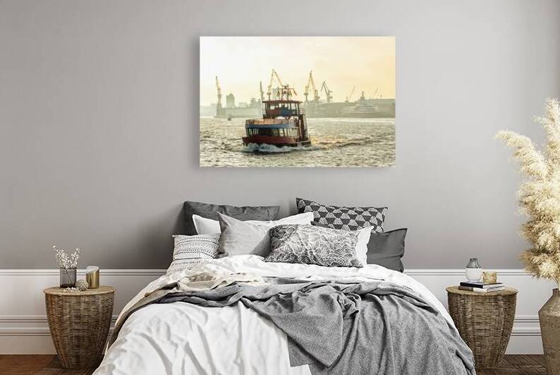 Harbor ferry on the Elbe River in Hamburg Germany at sunrise by caladoart