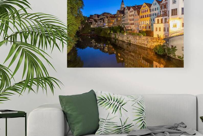 Night shot of historic half-timbered buildings at the riverfront in Tübingen Germany by caladoart