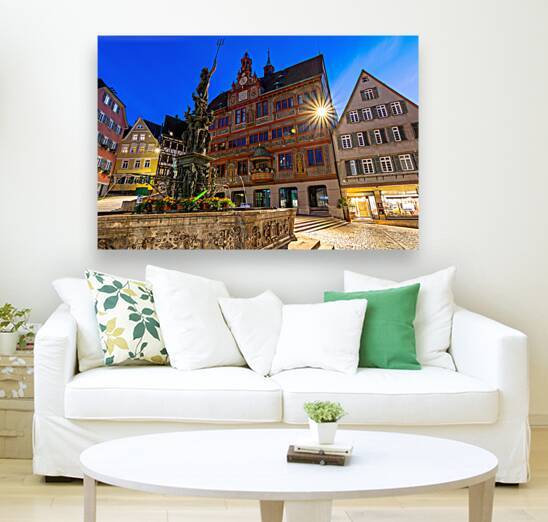 Night shot of a fountain and the town hall in the historic oldtown of Tübingen Germany by caladoart