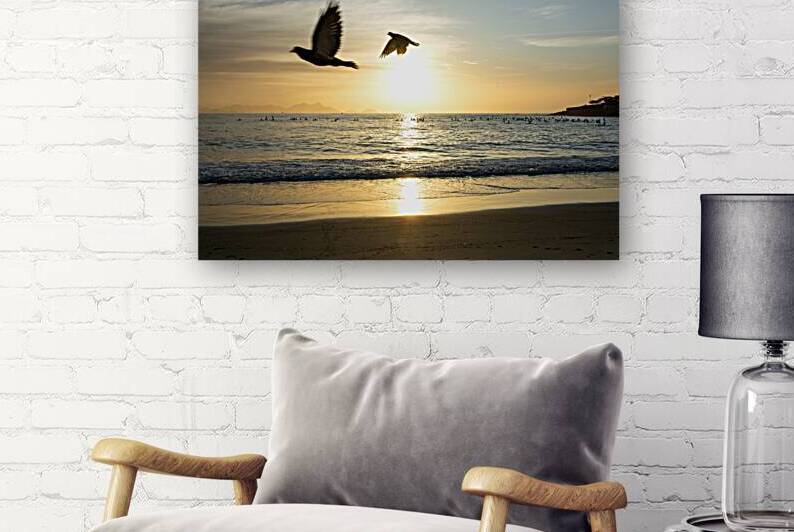 Birds and paddle boarders at the Copacabana Beach in Rio de Janeiro in Brazil at sunrise  by caladoart