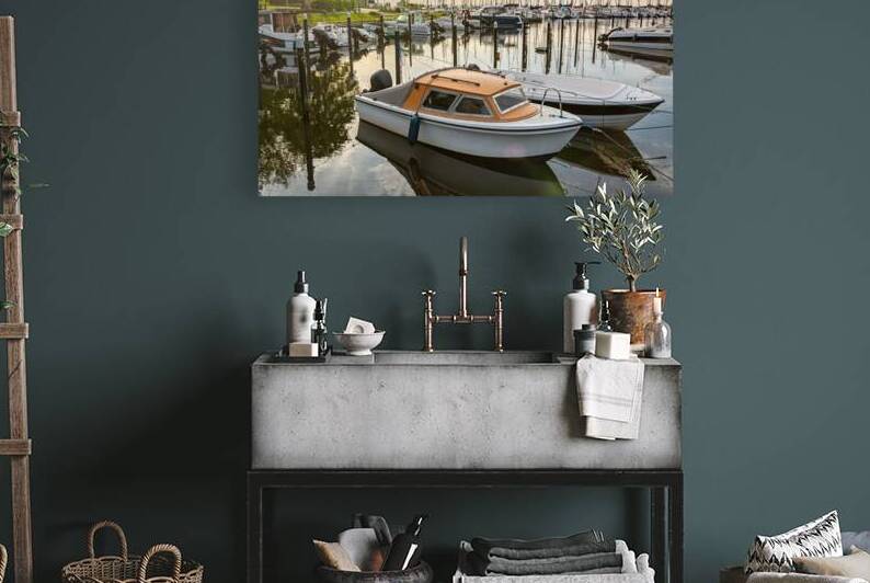 Boats in a marina Langballigau at sunset at the Baltic Sea in Northern Germany by caladoart