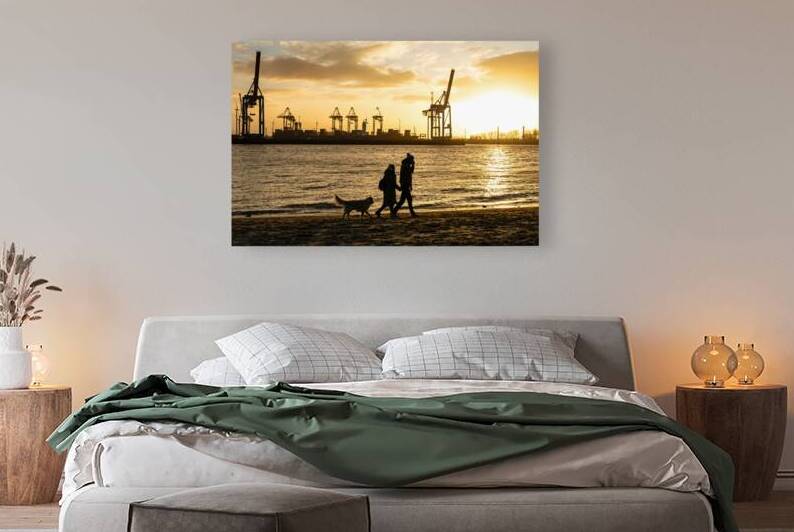 People walking their dog at the Elbe River in Hamburg in front of harbor district at sunset by caladoart