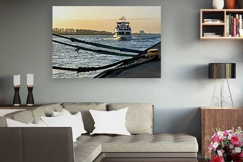 Quay and ferry in Hamburg Övegönne during golden sunset  by caladoart