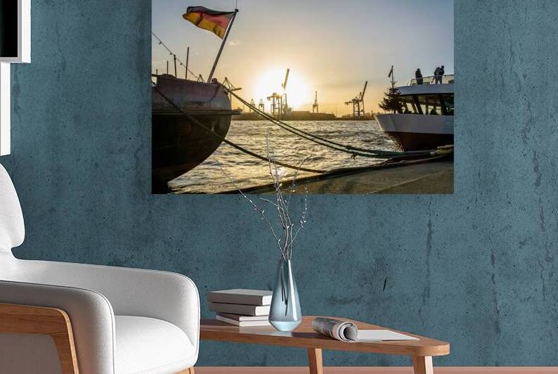 Historic ship German flag and ferry at the pier of the Elbe River in Hamburg  by caladoart