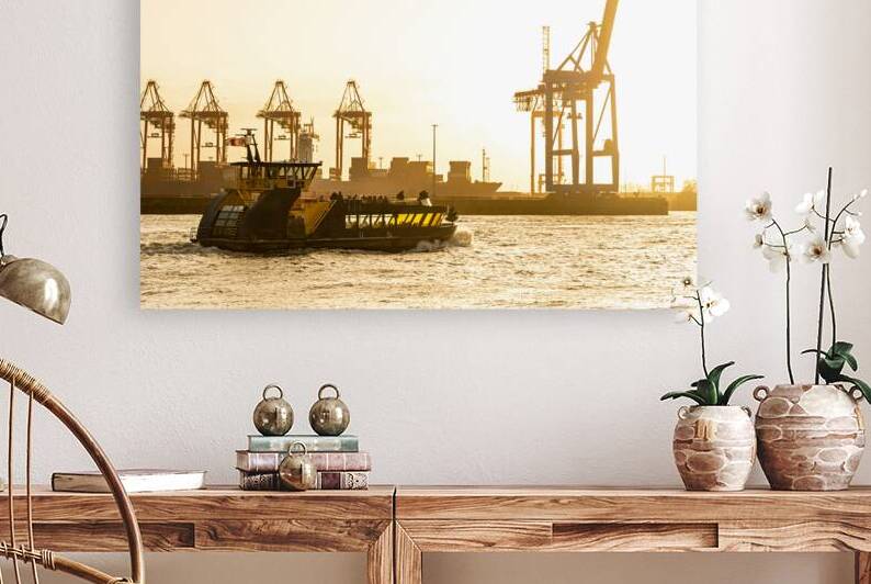 Ferry on the Elbe River in the harbor district in Hamburg during golden sunset  by caladoart
