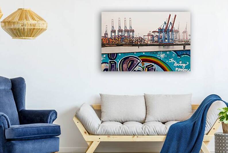 Container terminal and graffiti wall at the Elbe River in Hamburg by caladoart