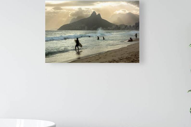 Surfer walking into the ocean at Ipanema Beach in Rio de Janeiro in Brazil at sunset by caladoart