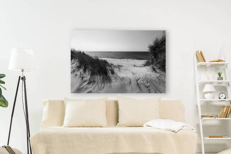 Black and white shot of dune landscape and ocean on the island of Sylt in Northern Germany by caladoart
