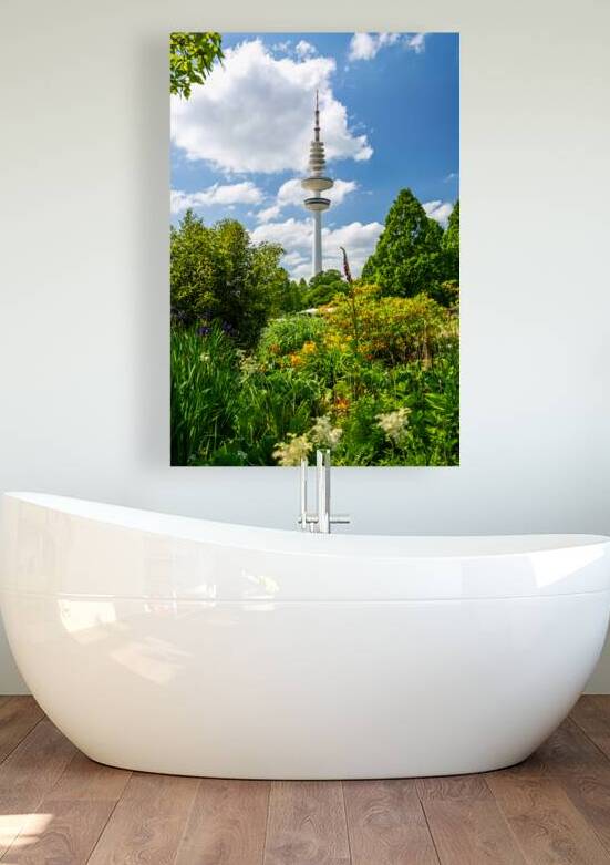 Historic TV Tower in Hamburg seen from the botanical garden at Planten un Bloomen by caladoart